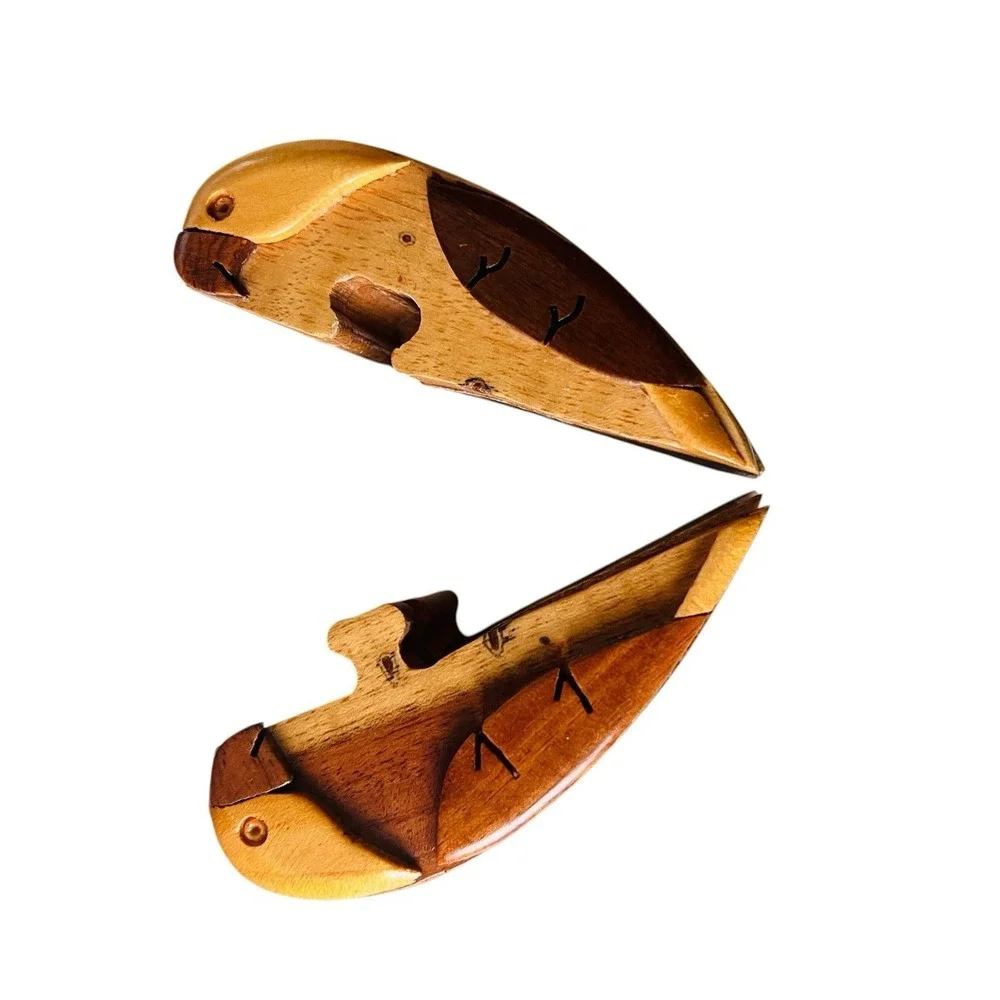 Vintage Wooden Puzzle Trinket Box Love Birds Parrot Hand Carved Artisan Folkart